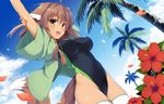  :d ahoge animal_ears armpits arms_up beach blue_sky breasts brown_hair cloud cloudy_sky competition_swimsuit covered_navel covered_nipples cowboy_shot dark_skin day dutch_angle eyebrows_visible_through_hair flower hibiscus highleg highleg_swimsuit impossible_clothes impossible_swimsuit large_breasts looking_at_viewer one-piece_swimsuit open_mouth original outdoors palm_tree petals sky smile solo swimsuit tail thighhighs tree white_legwear yellow_eyes yuzu_modoki 