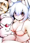  :3 animal_ears azumaya_toushirou bikini breasts cleavage eyebrows_visible_through_hair hair_between_eyes hat highres inubashiri_momiji large_breasts looking_at_viewer mofuji red_bikini red_eyes side-tie_bikini smile solo string_bikini swimsuit tokin_hat touhou when_you_see_it white_hair wolf_ears 