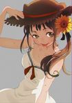  breasts brown_eyes brown_hair cleavage flower hand_on_headwear hat himaro long_hair medium_breasts original ponytail ribbon solo strapless straw_hat sweatdrop tan tanline tongue tongue_out 