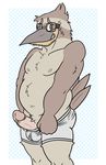  2014 anthro arm_tuft avian ball_bulge balls beak beige_penis belly belly_tuft big_belly biped bird blue_background boxer_briefs brown_countershading brown_eyes brown_feathers brown_stripes checkered_background clothed clothing countershade_torso countershading digital_drawing_(artwork) digital_media_(artwork) embarrassed erection eyewear feathers front_view glasses grey_beak head_tuft humanoid_hands humanoid_penis kingfisher kookaburra leg_tuft looking_at_viewer male monkeysuit moobs mostly_nude multicolored_beak multicolored_feathers musclegut navel nervous nervous_smile nipples overweight overweight_male pattern_background penis pink_nipples poking_out portrait presenting presenting_penis pubes retracted_foreskin shaibe shy simple_background solo standing stripes stubble tail_feathers tan_beak three-quarter_portrait topless tuft two_tone_feathers uncut underwear underwear_pull white_background 