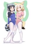  absurdres adapted_costume alternate_costume animal_ears black_hair blonde_hair blue_leotard caibao closed_mouth commentary_request common_raccoon_(kemono_friends) covered_navel fang fennec_(kemono_friends) fox_ears fox_tail full_body grey_hair gymnast_leotard highres holding_hand japari_symbol kemono_friends leotard multicolored_hair multiple_girls no_shoes open_mouth pantyhose pink_leotard raccoon_ears raccoon_tail short_hair smile standing tail two-tone_hair white_legwear yellow_eyes 