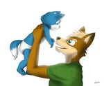  black_nose blue_eyes blue_fur brown_fur brown_nose canine clothing cub cute diaper dipstick_tail eye_contact father father_and_son fox fur green_eyes gupa507 hair mammal multicolor_tail multicolored_fur multicolored_tail nintendo parent shirt simple_background smile son star_fox two_tone_fur video_games white_hair yellow_fur young 