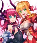  breasts commentary_request dragon_girl elizabeth_bathory_(fate) elizabeth_bathory_(fate)_(all) fate/extra fate/extra_ccc fate/grand_order fate_(series) flat_chest grin horns kamuinii large_breasts long_hair looking_at_viewer multiple_girls nero_claudius_(fate) nero_claudius_(fate)_(all) partial_commentary petals ponytail rose_petals smile 
