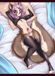  4_toes 5_fingers anthro balls bed canine clothed clothing crossdressing erection girly hair hi_res humanoid_penis legwear long_hair looking_at_viewer lying male mammal on_back penis pillow purple_hair red_eyes rubber smile solo suelix thick_thighs thigh_highs toes 