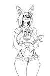  anthro big_breasts black_and_white breasts canine clothing cutoffs denim_shorts duo english_text eyewear female hair human jijis-waifus male mammal monochrome oh-jiji pacifier rattle shorts smile sunglasses text thong 