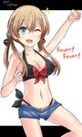  2017 adapted_costume anchor_hair_ornament aqua_eyes bikini black_bikini blonde_hair cowboy_shot dated denim denim_shorts front-tie_top german hair_ornament hebitsukai-san highleg highleg_bikini highres kantai_collection one_eye_closed prinz_eugen_(kantai_collection) raised_fist shorts side-tie_bikini solo swimsuit translated twintails twitter_username 