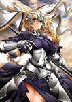  &gt;:( arikanrobo armor armored_dress bangs black_bow blonde_hair bow braid breasts chain closed_mouth commentary_request cowboy_shot fate/apocrypha fate_(series) faulds flag frown gauntlets hair_bow headpiece highres jeanne_d'arc_(fate) jeanne_d'arc_(fate)_(all) long_hair looking_at_viewer medium_breasts purple_eyes single_braid solo v-shaped_eyebrows 