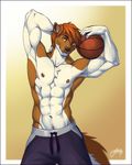  2017 abs anthro ball basketball brown_nose brown_skin clothed clothing eyebrows feralise hands_behind_head holding_object looking_at_viewer male mammal multicolored_skin muscular mustelid nipples orange_eyes shorts simple_background solo standing tan_eyes topless weasel whiskers white_skin 