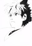  absurdres bangs commentary_request determined eye_reflection eyeshield_21 football_uniform greyscale hair_between_eyes highres kobayakawa_sena looking_up male_focus monochrome murata_yuusuke pointy_hair portrait reflection shiny simple_background solo sportswear white_background 