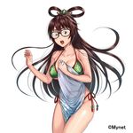  :o bangs bikini blush breasts brown-framed_eyewear brown_eyes brown_hair cleavage collarbone commentary_request cowboy_shot glasses green_bikini hair_ornament hair_rings halter_top halterneck large_breasts long_hair looking_at_viewer official_art open_mouth sakichi sangoku_infinity side-tie_bikini solo swimsuit towel v-shaped_eyebrows very_long_hair 