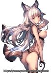  animal_ears artist_name ass breasts eyebrows_visible_through_hair granblue_fantasy grey_eyes korwa long_hair looking_at_viewer medium_breasts nipples nude patreon_username redcomet ribbon silver_hair simple_background smile solo watermark web_address white_background white_ribbon 