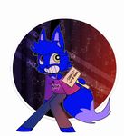  2017 alternate_species anthro blue_(capri-sans) blue_fur blue_hair canine clothed clothing crossdressing fluffy fluffy_tail fox fur hair hi_res male mammal simple_background smile solo unknown_artist 