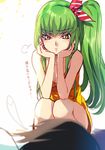  1girl bangs bare_shoulders blush breasts c.c. chin_rest cleavage code_geass creayus eyebrows_visible_through_hair frown giving_up_the_ghost green_hair lelouch_lamperouge long_hair looking_at_another medium_breasts pouty_lips side_ponytail sleeveless squatting translation_request very_long_hair white_background yellow_eyes 