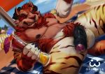  2018 anthro balls beach beverage black_nipples black_sclera bulge chest_tuft claws clothed clothing detailed_background digital_drawing_(artwork) digital_media_(artwork) feline fluffy foreskin fur hi_res horn humanoid_penis hybrid jockstrap koorivlf_tycoon male mammal nipples nude orange_fur outside penis penis_towards_viewer procyonid public public_nudity raccoon red_fur seaside skrawl smile smirk solo striped_fur stripes swimming_trunks swimsuit teeth tiger topless tuft uncut underwear white_belly white_fur 