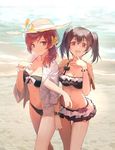  alternate_hairstyle beach bikini black_hair day duplicate hat huanxiang_heitu locked_arms long_hair looking_at_viewer love_live! love_live!_school_idol_festival love_live!_school_idol_project multiple_girls nishikino_maki ocean open_mouth purple_eyes red_eyes red_hair sand short_hair side_ponytail smile swimsuit twintails yazawa_nico 