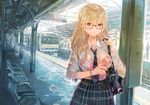  bag blonde_hair bra bracelet closed_mouth cowboy_shot expressionless glasses ground_vehicle jewelry necklace necktie original pleated_skirt railroad_tracks rain red_eyes rioka_(southern_blue_sky) school_uniform seat see-through semi-rimless_eyewear skirt solo train train_station underwear wet wet_clothes 