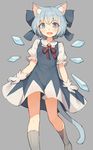  animal_ear_fluff animal_ears blue_dress blue_eyes blue_hair blue_wings cat_ears cat_tail cirno dress fang gloves grey_background grey_legwear highres ice ice_wings kemonomimi_mode looking_at_viewer open_mouth puffy_short_sleeves puffy_sleeves red_ribbon ribbon shone short_dress short_sleeves simple_background smile solo standing tail touhou white_gloves wings 