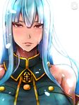  bangs bare_shoulders blush breasts cilica commentary_request crying crying_with_eyes_open frown highres large_breasts long_hair looking_at_viewer military military_uniform parted_lips red_eyes selvaria_bles senjou_no_valkyria silver_hair sleeveless solo tears tsurime uniform upper_body 