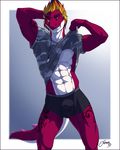  2017 5_fingers abs anthro blonde_hair blurred_background bulge clothing dinosaur feralise grin hair hand_behind_head male multicolored_hair multicolored_skin muscular purple_hair purple_skin revealing_(disambiguation) scalie simple_background smile solo standing tattoo teasing tight_underwear underwear white_skin 
