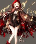  bad_id bad_pixiv_id blonde_hair boots breasts cleavage cloak coat dress grey_background hood hood_up hooded_cloak little_red_riding_hood_(sinoalice) long_hair looking_at_viewer naruwe open_clothes open_coat open_mouth red_footwear short_dress simple_background sinoalice small_breasts socks solo torn_coat yellow_eyes 