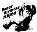  birthday bow cake character_name cherry dated eating english food fork fruit greyscale hair_bow hair_ribbon happy_birthday loafers long_hair looking_back love_live! love_live!_school_idol_project monochrome otonokizaka_school_uniform plate ribbon school_uniform shoes signature sitting slice_of_cake solo tarian twintails yazawa_nico 