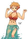  bikini breasts brown_eyes brown_hair cleavage commentary_request large_breasts navel original sarong short_hair solo swimsuit tsukudani_(coke-buta) tsurime tsurime-chan wading water wet 