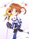  black_gloves blush brown_hair dress fingerless_gloves gauntlets gloves hair_ribbon heart highres juliet_sleeves long_sleeves lyrical_nanoha magical_girl mahou_shoujo_lyrical_nanoha mahou_shoujo_lyrical_nanoha_the_movie_3rd:_reflection puffy_sleeves purple_eyes raising_heart ribbon shinki_(shinki59) shiny shiny_hair short_twintails smile speech_bubble spoken_heart staff takamachi_nanoha twintails white_background 