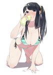  bare_arms bare_legs barefoot bikini black_hair blue_eyes blush breasts cleavage drinking full_body green_bikini hair_ornament highres juz kneeling krt_girls large_breasts long_hair looking_at_viewer one_side_up side-tie_bikini solo swimsuit wet xiao_qiong 