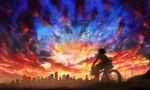  backlighting bicycle bicycle_basket bird black_hair black_skirt cityscape commentary_request flock from_behind ground_vehicle original power_lines school_uniform short_hair skirt sky solo sunset totti 