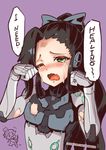  1girl armor black_bow blush bodysuit bow chibi comic crying crying_with_eyes_open cyborg facebook_username fang genderswap genderswap_(mtf) genji_(overwatch) green_eyes hair_bow half-closed_eyes hands_up hanzo_(overwatch) highres long_hair looking_at_viewer nose_blush one_eye_closed open_mouth overwatch phandit_thirathon purple_background sad simple_background sobbing solo_focus streaming_tears tears torn_bodysuit torn_clothes 