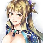  :q bangs blush breasts brown_eyes brown_hair cleavage collarbone commentary_request hair_ornament large_breasts licking_lips long_hair looking_at_viewer low_ponytail sakichi shin_sangoku_musou solo tongue tongue_out upper_body v-shaped_eyebrows wang_yuanji 