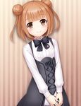  azuka beatrice_(princess_principal) blush bow bowtie brown_eyes brown_hair double_bun long_sleeves looking_at_viewer princess_principal school_uniform short_hair smile solo striped striped_background underbust upper_body vertical-striped_background vertical_stripes 