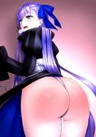  1girl against_wall akahige ass blue_eyes blush bow breathing fate/grand_order fate_(series) from_behind hair_bow hair_ribbon heavy_breathing huge_ass long_hair long_sleeves looking_at_viewer meltlilith open_mouth purple_hair pussy_juice red_ass ribbon shiny shiny_hair shiny_skin solo spanked tears thong trembling very_long_hair 