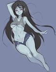  adapted_costume adventure_time barefoot bite_mark black_hair blue_skin breasts crop_top full_body lipstick_mark long_hair marceline_abadeer midriff no_bra norasuko pointy_ears red_eyes short_shorts shorts small_breasts solo tank_top underboob 