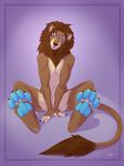  4_toes 5_fingers anthro blue_eyes blue_pawpads brown_hair brown_nose feline hair lion looking_at_viewer mammal nude omesore pawpads simple_background sitting solo toes 