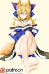  ahoge alfred_cullado animal_ears bare_shoulders blonde_hair blush bow breasts cleavage cosplay crossed_arms fate/extra fate_(series) feet fox_ears hair_between_eyes highres large_breasts legs long_hair off_shoulder patreon_logo purple_bow purple_eyes rwby smile smirk soles solo tamamo_(fate)_(all) tamamo_no_mae_(fate) tamamo_no_mae_(fate)_(cosplay) tan_background thighs toes watermark web_address yang_xiao_long 
