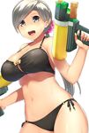  :d aaru_(tenrake_chaya) bikini black_bikini breasts chitose_(kantai_collection) collarbone dual_wielding grey_eyes grey_hair holding kantai_collection large_breasts long_hair open_mouth ponytail side-tie_bikini simple_background smile solo swimsuit water_gun white_background 