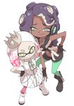  2girls absurdres bare_shoulders breasts cephalopod_eyes cleavage crop_top crown dark_skin domino_mask dress fingerless_gloves full_body gloves green_eyes green_nails hand_on_hip headphones highres hime_(splatoon) iida_(splatoon) looking_at_viewer mask medium_breasts midriff mole mole_under_mouth multicolored_hair multiple_girls nail_polish navel navel_piercing octarian pantyhose pantyhose_under_shorts piercing pink_hair purple_hair short_eyebrows simple_background sleeveless sleeveless_dress smile splatoon_(series) splatoon_2 symbol-shaped_pupils tentacle_hair two-tone_hair white_background white_hair yamamoto_souichirou yellow_eyes zipper 