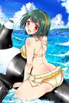  :d ass bikini blush breasts butt_crack cloud comiket_88 day dolphin frilled_bikini frills hairband idolmaster idolmaster_(classic) inflatable_orca inflatable_toy koari large_breasts looking_at_viewer looking_back mole mole_under_mouth ocean open_mouth otonashi_kotori red_eyes short_hair smile swimsuit yellow_bikini 