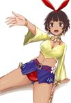  :d blush bracelet breasts brown_eyes brown_hair cleavage dark_skin earrings jewelry josie_rizal looking_at_viewer medium_breasts navel open_mouth seiza short_hair sitting smile solo tea_(nakenashi) tekken tekken_7 