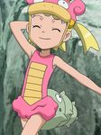  1girl blonde_hair child cosplay eureka_(pokemon) eyes_closed pokemon pokemon_(anime) slowbro slowbro_(cosplay) solo swimsuit 