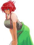  alternate_costume alternate_hairstyle bangs bare_arms bare_shoulders blue_eyes blush braid breasts commentary_request cowboy_shot folded_ponytail green_skirt hong_meiling huge_breasts koyubi_(littlefinger1988) leaning_forward looking_away parted_lips red_hair scar skirt smile solo tan tank_top tanline touhou twin_braids v_arms 