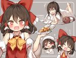  1girl :d :o ^_^ ^o^ ascot bags_under_eyes bare_shoulders barefoot blanket blush book bow brown_hair closed_eyes crazy_eyes d: detached_sleeves food hair_bow hair_tubes hakurei_reimu head_scarf headdress holding holding_plate juban laughing multiple_views open_mouth piyokichi plate reading red_bow red_eyes short_hair sleepwear smile sparkle touhou translated v-shaped_eyebrows wild_and_horned_hermit yellow_neckwear 