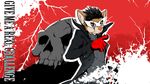  anthro black_hair brown_eyes clothing cosplay cougar facial_hair feline gloves hair hi_res hyperchaotix lightning male mammal mask megami_tensei persona persona_5 pink_nose pointing randochris_(character) skull spiked_hair text trenchcoat wallpaper 