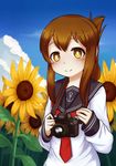  absurdres blush brown_eyes brown_hair camera closed_mouth flower highres holding holding_camera inazuma_(kantai_collection) jacy kantai_collection long_sleeves looking_at_viewer necktie red_neckwear short_hair smile solo sunflower upper_body 