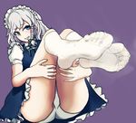  1girl blue_eyes blush braid feet feet_up hair_bow headdress izayoi_sakuya looking_at_viewer lumina_(artist) maid_headdress no_shoes pantyshot sheer_legwear silver_hair sitting smile soles steam toes touhou white_legwear 