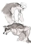  2017 anthro canine digital_media_(artwork) eyes_closed female fur grey_fur hair hug human jewelry kikurage male mammal necklace open_mouth side_view size_difference white_fur wolf 