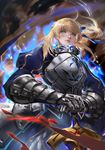  ahoge armor artoria_pendragon_(all) blue_bow bow breastplate fate/stay_night fate_(series) from_below gauntlets gorget green_eyes hair_bow hands_on_hilt highres kang_kang_zi lips long_hair puffy_sleeves saber solo sword weapon wind 