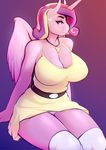  2017 anthro anthrofied belt big_breasts blush breasts cleavage clothed clothing dress ear_piercing equine eyebrows eyelashes feathered_wings feathers female friendship_is_magic hair hi_res horn huge_breasts jewelry legwear looking_at_viewer mammal multicolored_hair my_little_pony necklace piercing princess_cadance_(mlp) purple_eyes solo thigh_highs tsudamaku upskirt winged_unicorn wings 