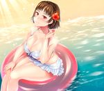  1girl bangs bare_legs bare_shoulders bikini blush breasts brown_hair cleavage collarbone crown_braid hair_flower hair_ornament innertube large_breasts looking_at_viewer niijima_makoto persona persona_5 red_eyes sea shibuki_oroshi short_hair swimsuit thighs water 